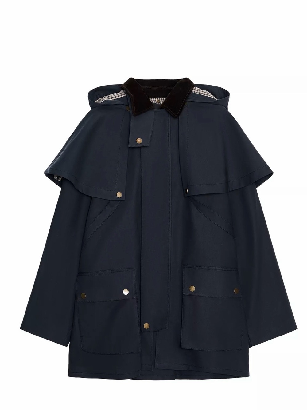 Zara Navy Hooded Cape-Overlay Trench Coat with Collar